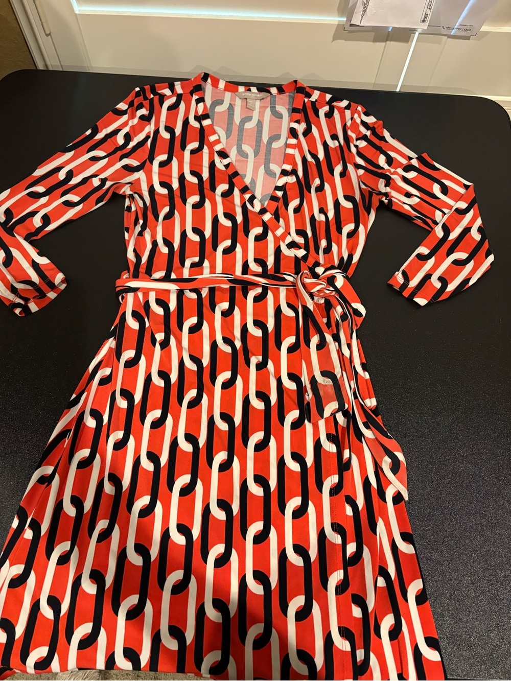 Banana Republic Red, Orange Black & White Geometric Wrap Dress